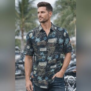 Harley-Davidson Black Hawaiian-Style Short Sleeve Shirt Size M